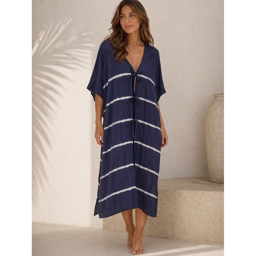 Baci Luxury Silk Navy Tie-Dye Midi Kaftan Swim Cover-Up 3 Tie Front Size‎ S/M